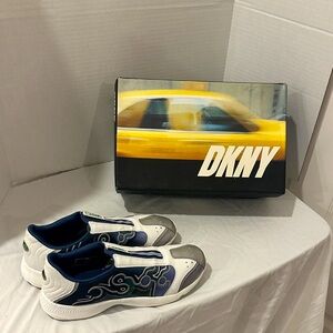DKNY White and Navy Slip-On Sneakers